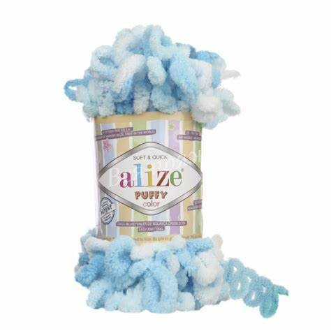Alize Puffy Color fonal 100 g - 5924  világoskék, fehér